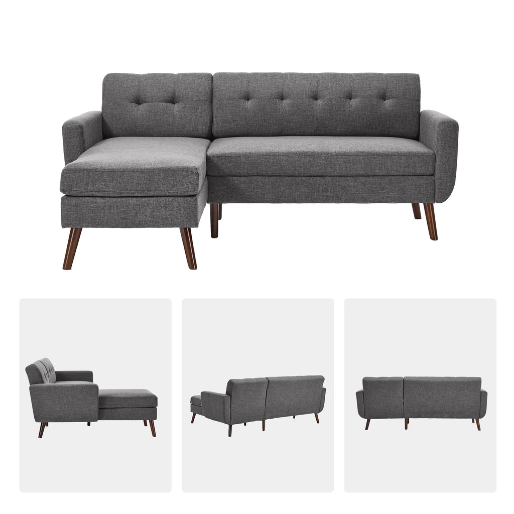 L Shaped Couch, 80" W Mid-Century Modern Sofa, Sectional Couches, 3 Seater Sofas with Wide Chaise Lounge, Button Tufted Upholstered Sectional Sofa for Living Room, Bedroom, Gray