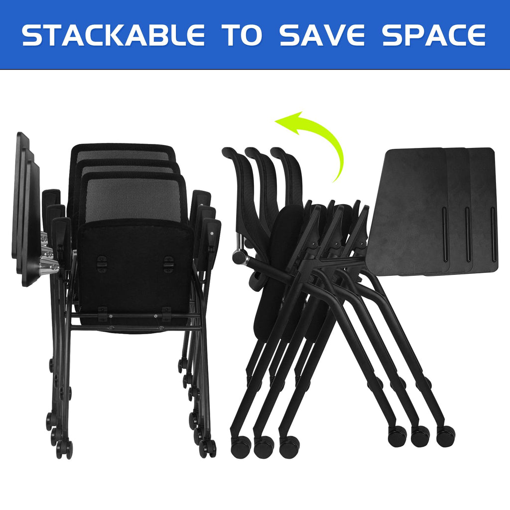 Updated Conference Room Chairs with Tablet Arm, Folding Office Desk Chair with Lumbar Support and Sliding Armrest with Casters, Stackable Office Guest Chairs & Reception Chairs, 1 Pack Black
