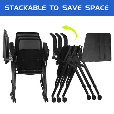 Updated Conference Room Chairs with Tablet Arm, Folding Office Desk Chair with Lumbar Support and Sliding Armrest with Casters, Stackable Office Guest Chairs & Reception Chairs, 1 Pack Black