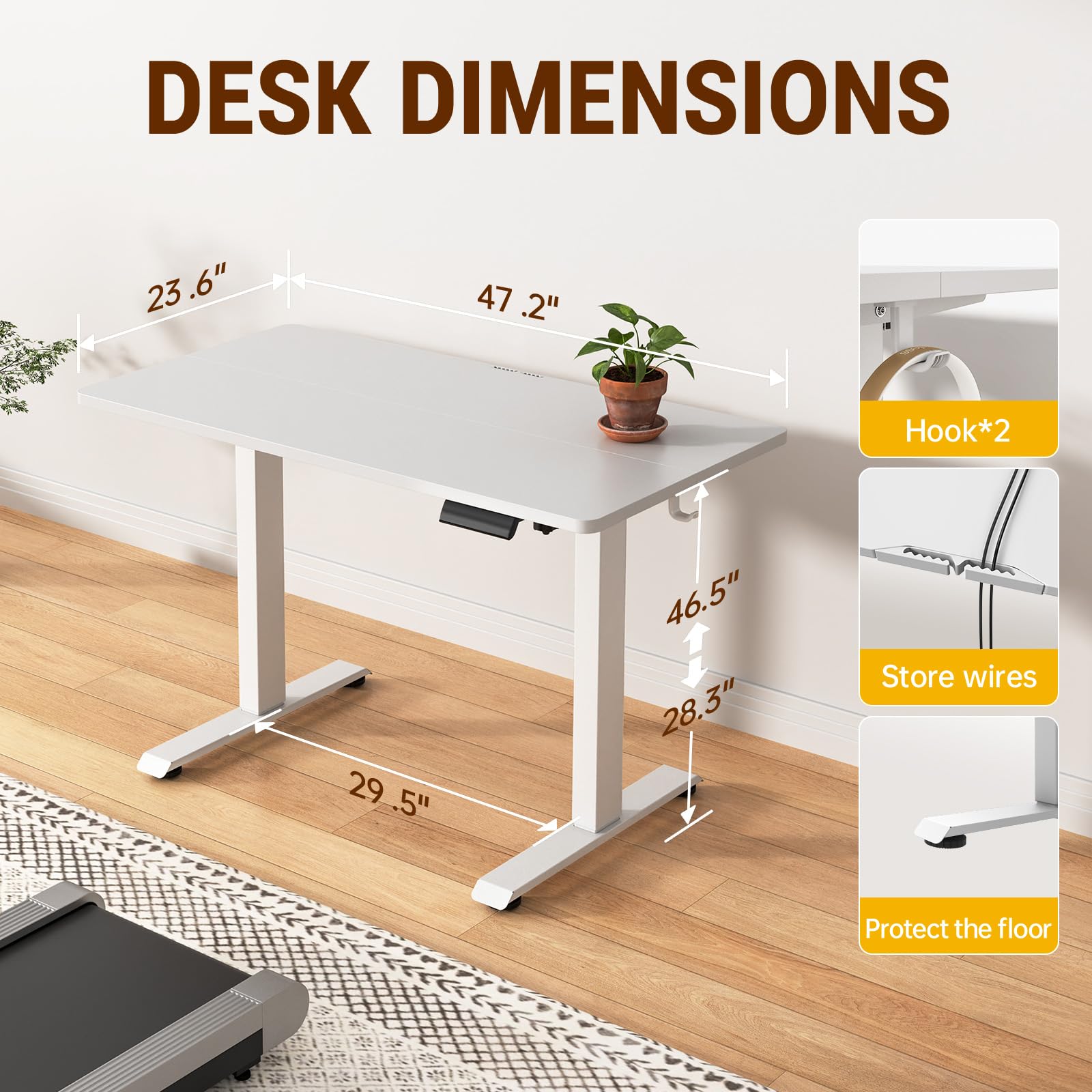 47.2 Inch Large Electric Standing Desk, Heights Adjustable, Sit to Stand Up, Work Home Office Computer Table for Study, Walking Pad, Writing, and Games, Wooden Desktop Desks, White