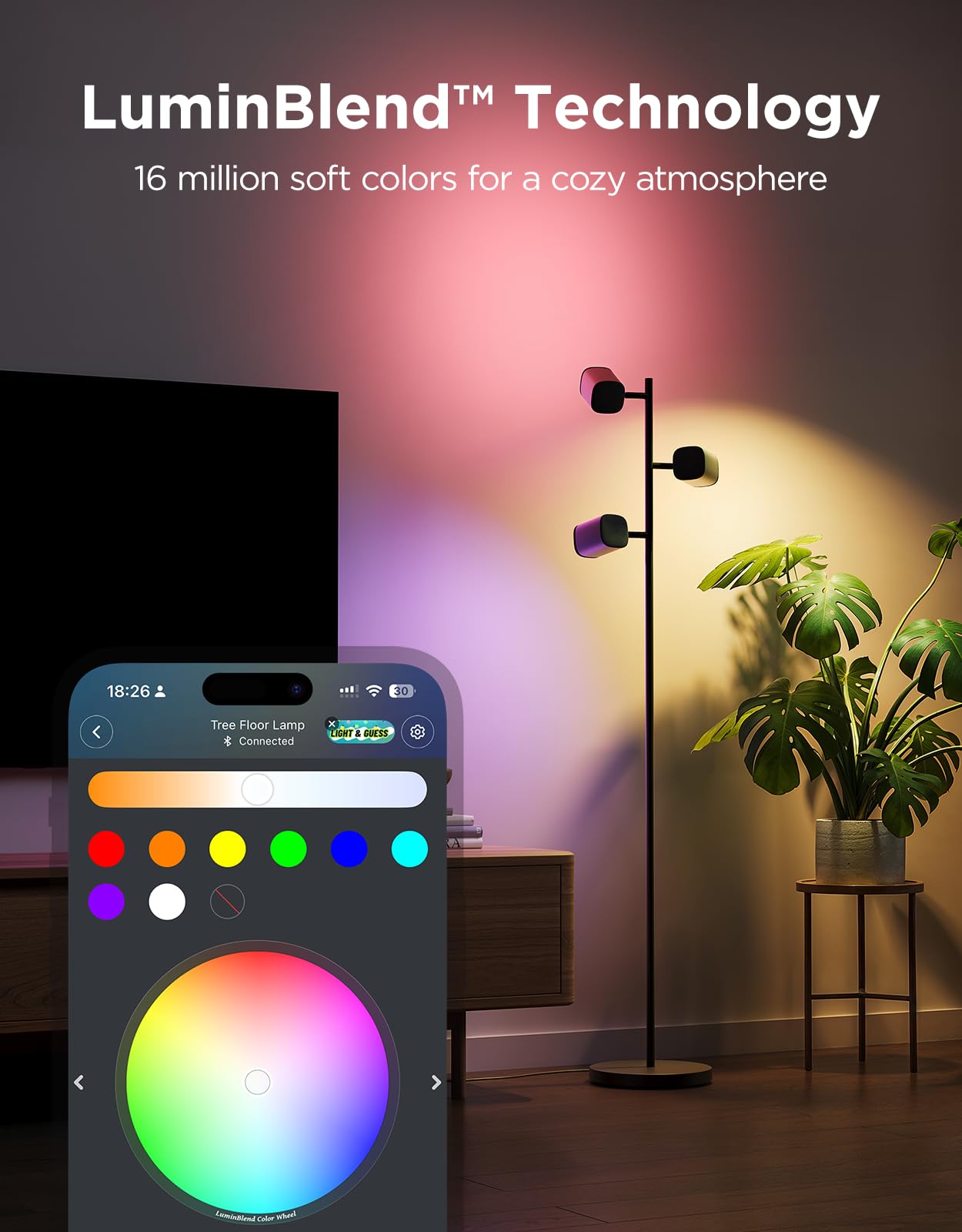 Tree Floor Lamp Compatible with Matter, 3 Rotatable Lights with LuminBlend Technology, Standing Lamp with 64 Dynamic Scenes, Music Sync, Ideal Floor Lamp for Living Room, Bedroom, Office