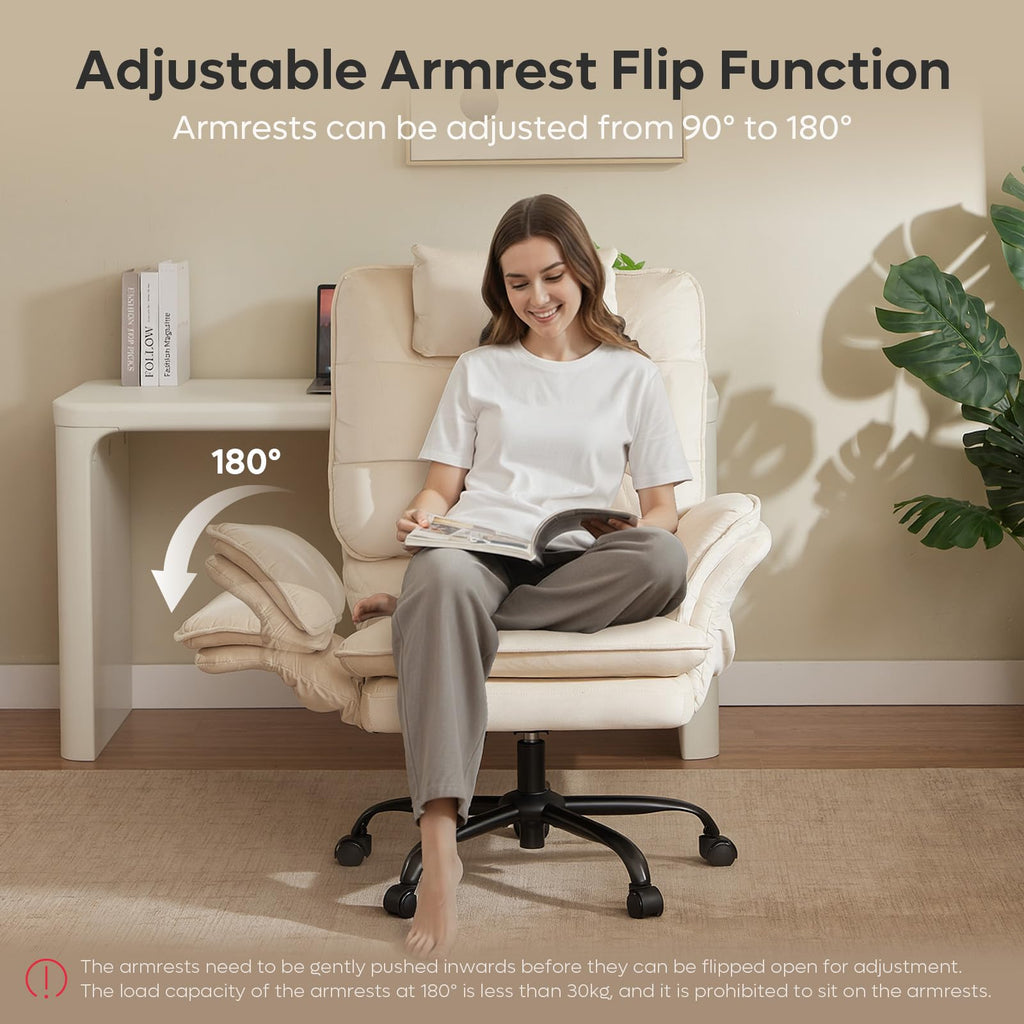 Criss Cross Chair with Flip-Up Armrests, Swivel Makeup Vanity Chair with Wheels & Side Pockets, Cross Legged Office Chair for Home Office, Bedroom (Beige Velvet, High Back)