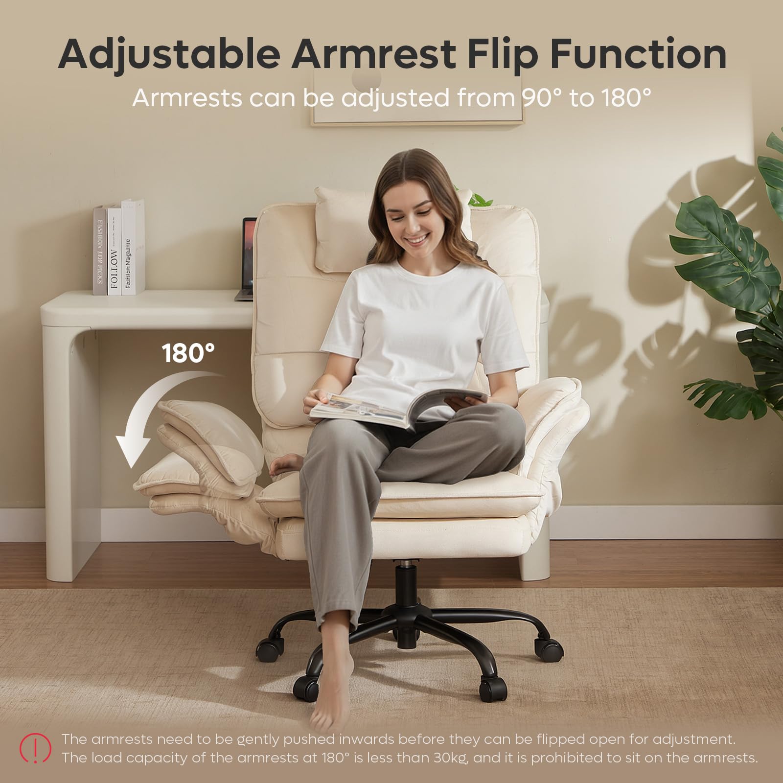 Criss Cross Chair with Flip-Up Armrests, Swivel Makeup Vanity Chair with Wheels & Side Pockets, Cross Legged Office Chair for Home Office, Bedroom (Beige Velvet, High Back)