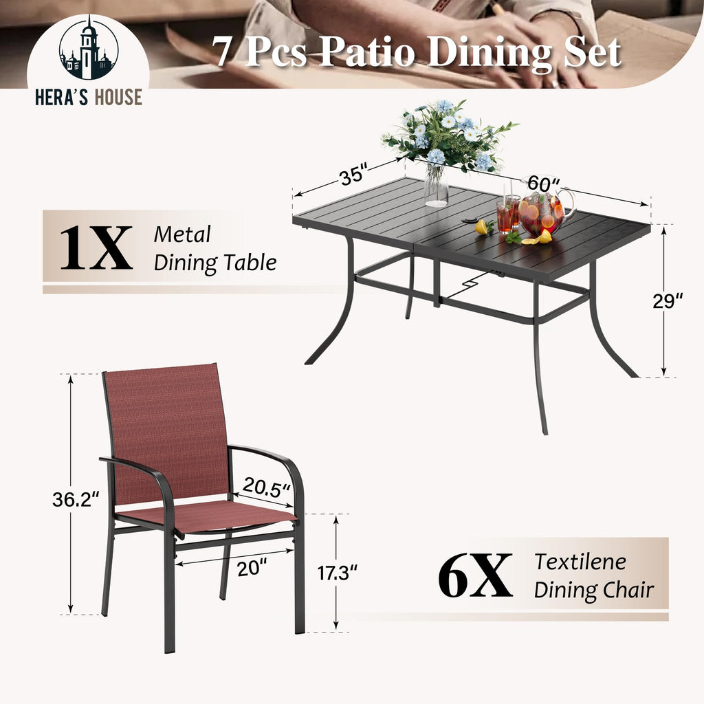 7 PCS Patio Dining Set All-Weather Outdoor Furniture, 6 Dining Chairs and Large Metal Table with Double Umbrella Hole for Yard, Garden, Porch, Deck (Red)