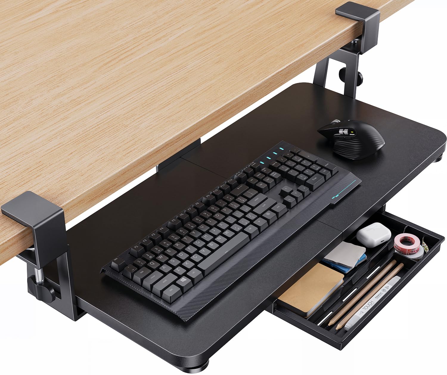 Large Under Desk Keyboard Tray with Sturdy C-Clamp Mount, 26 (30.16" Including Clamps) x 12 inch Slide-Out Platform Computer Desk Heavy Duty Keyboard Tray with Storage Drawer for Typing, Black