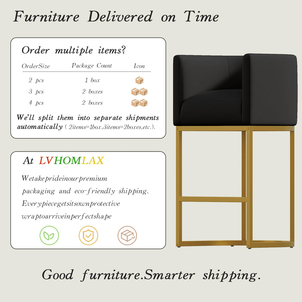 Modern Counter Height Bar Stools,Bar Stools Set of 2,PU Leather Upholstered Barrel Barstools with Backs,24'' Kitchen Island Chairs,Metal Gold Frames,Ink Black Leather