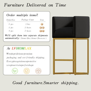Modern Counter Height Bar Stools,Bar Stools Set of 3,PU Leather Upholstered Barrel Barstools with Backs,24'' Kitchen Island Chairs,Metal Gold Frames,Ink Black Leather