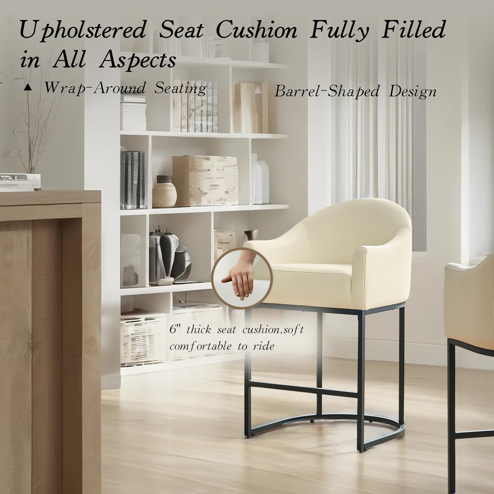 26" Modern Counter Height Bar Stools,Barstools with Arms,Kitchen Island Chairs,PU Leather Upholstered Barrel Bar Stools with Backs,Metal Black Frames,Beige White Leather