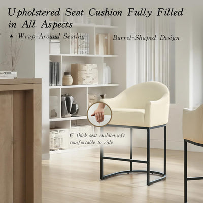 Counter Height Bar Stools Set of 3,Modern Counter Height Bar Stools,PU Leather Upholstered Barrel Barstools with Backs,26'' Kitchen Island Chairs,Metal Black Frames,Beige White Leather