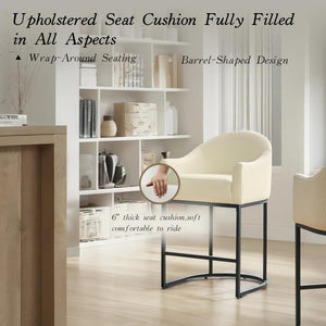 Counter Height Bar Stools Set of 4,Modern Counter Height Bar Stools,PU Leather Upholstered Barrel Barstools with Backs,26'' Kitchen Island Chairs,Metal Black Frames,Beige White Leather