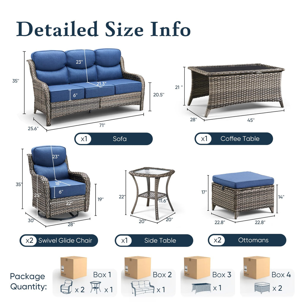 Luxury 6" Thick Cushioned 7 Pieces Patio Furniture Set with Outdoor Couch, Wicker Outdoor Conversation Set with High Back Swivel Rocker Chairs for Deck Porch Yard and Poolside - Grey+Blue