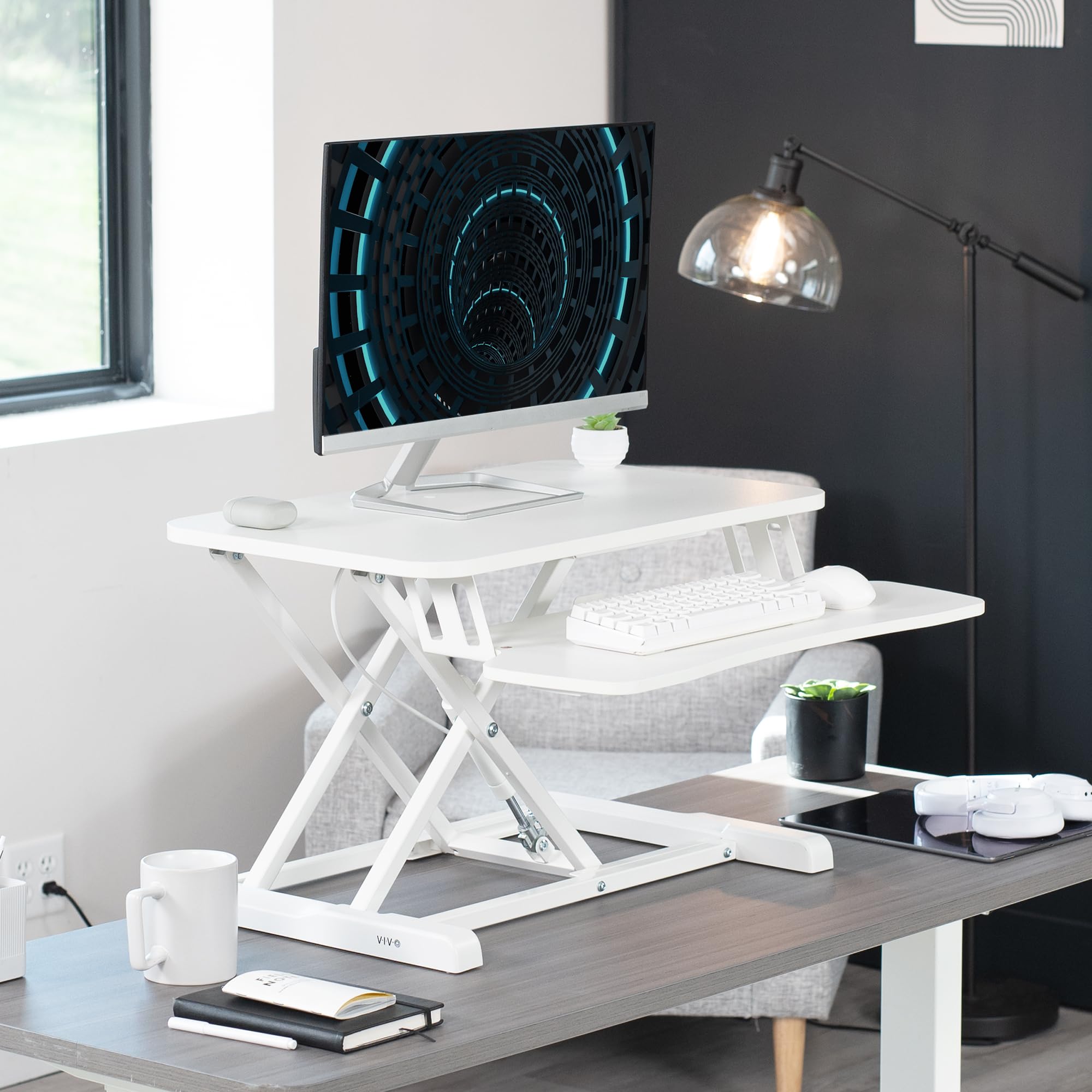 26 inch Desk Converter, K Series, Height Adjustable Sit to Stand Riser, Dual Monitor and Laptop Workstation with Keyboard Tray, White, DESK-V026KW