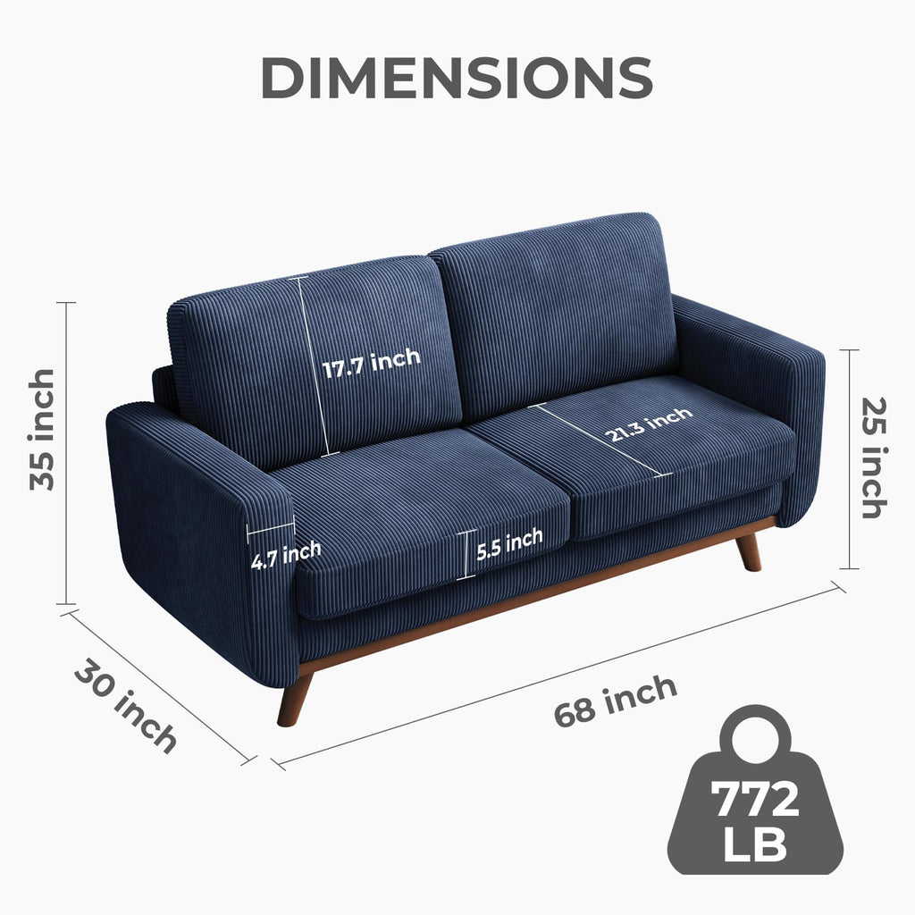 68" Loveseat Sofa Dark Blue, Comfy Corduroy Couch with Spring Cushion and Solid Wood, Modern Extra Deep Seat for Bedroom, Living Room, Office
