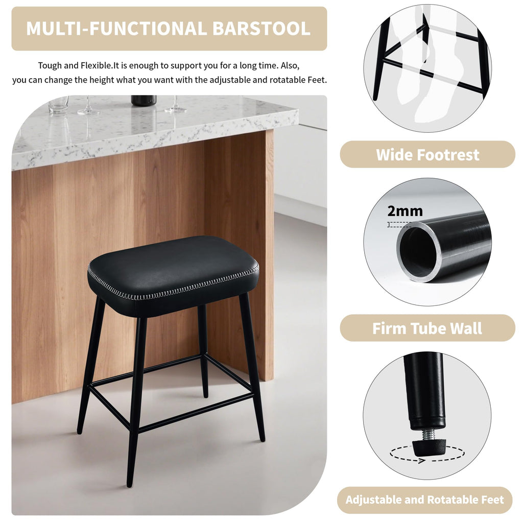 Bar Stools Set of 2, 24 Inch Counter Height Bar Stool for Kitchen Island, Modern Kitchen Bar Stools with Sturdy Metal Base and Thickened Cushion, Black