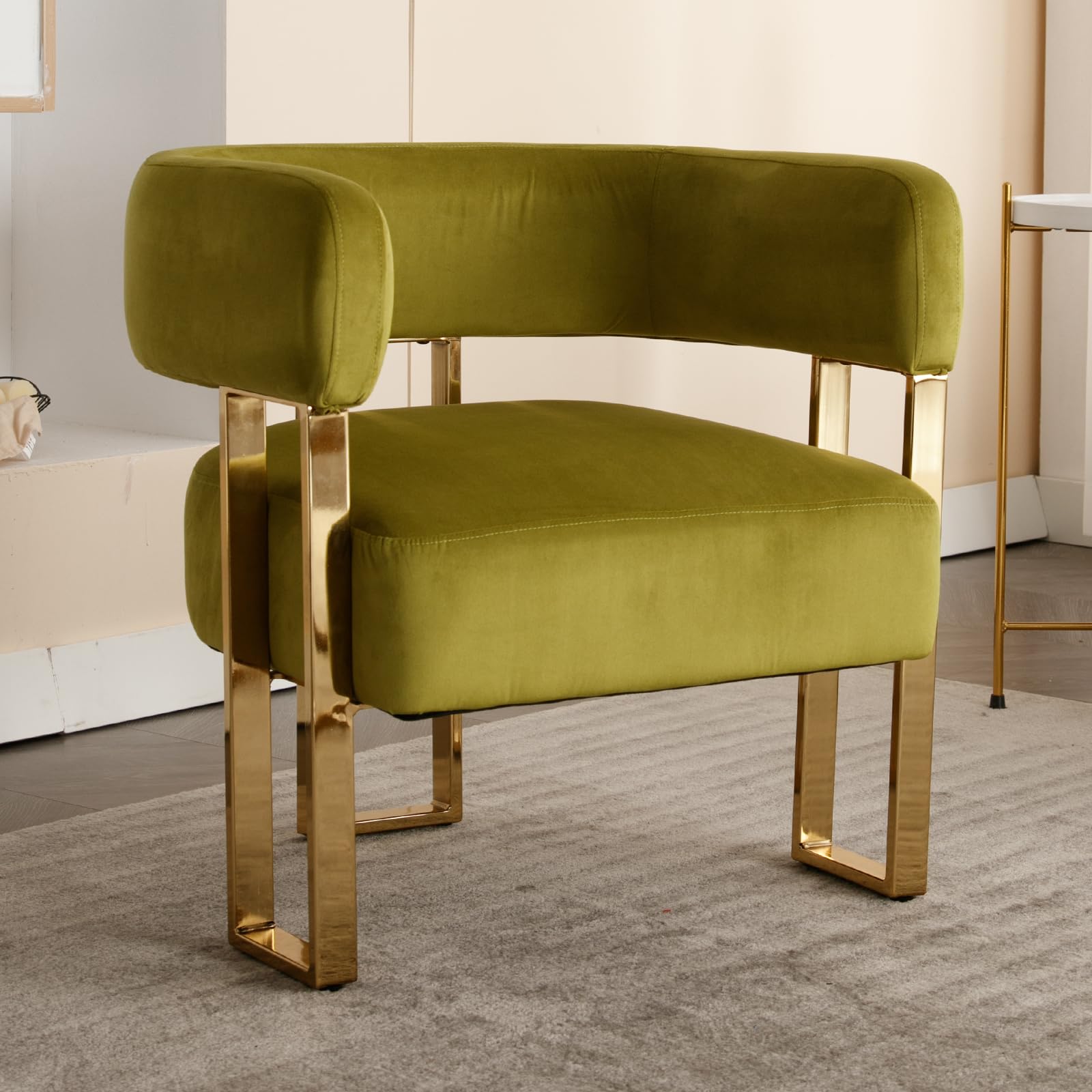 Modern Barrel Accent Chair, Velvet Fabric Living Room Chair with Gold Metal Legs, Comfy Upholstered Single Sofa Armchair Side Chair for Lounge/Bedroom/Reading, Olive