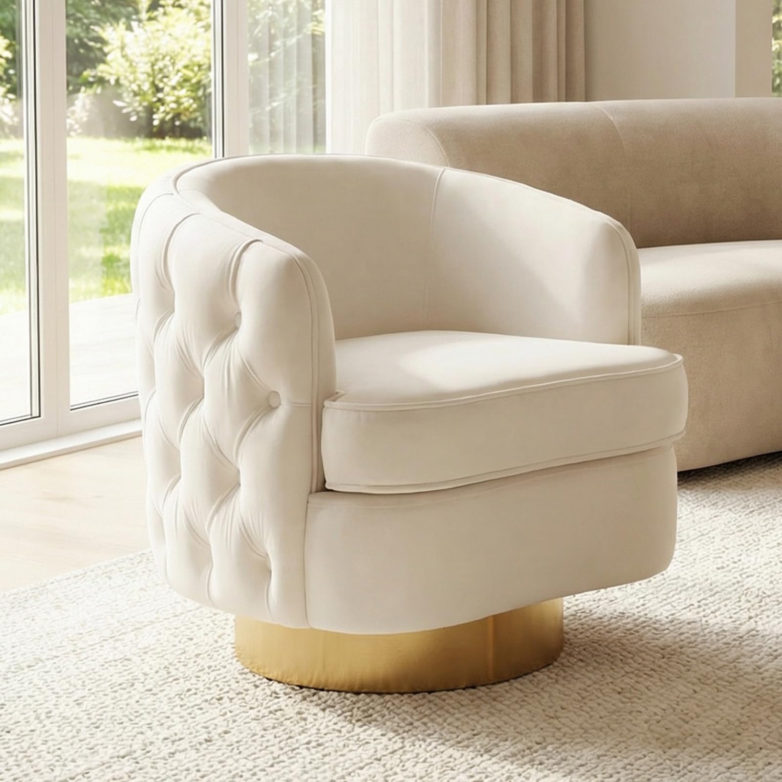 White Swivel Comfy Accent Chair for Living Room, Modern Tufted Velvet Upholstered Round Arm Chair with Tall Backrest, Barrel Side Chairs for Reading Bedroom