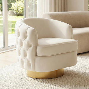 White Swivel Comfy Accent Chair for Living Room, Modern Tufted Velvet Upholstered Round Arm Chair with Tall Backrest, Barrel Side Chairs for Reading Bedroom