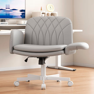 Criss Cross Chair with Armrests & Wheels for Cross-Legged Sitting, Comfortable PU Leather Vanity Chair, Office Desk Chairs with Adjustable Rocking Function, for Home, Bedroom Gray