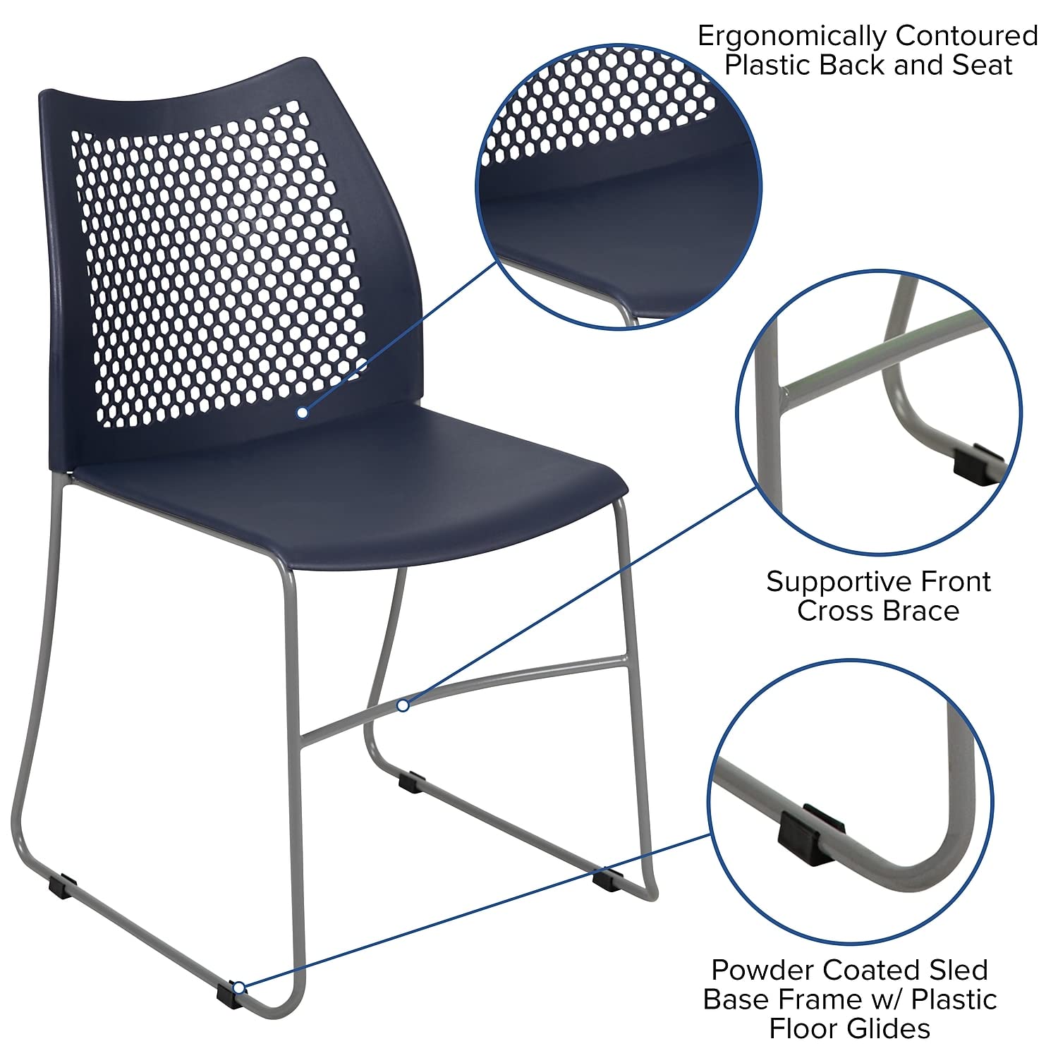 Set of 5 Navy, Orange, Hercules Series Contoured Lobby Chairs with Air-Vent Honeycomb Backs, Ergonomic Stacking Chairs for Offices