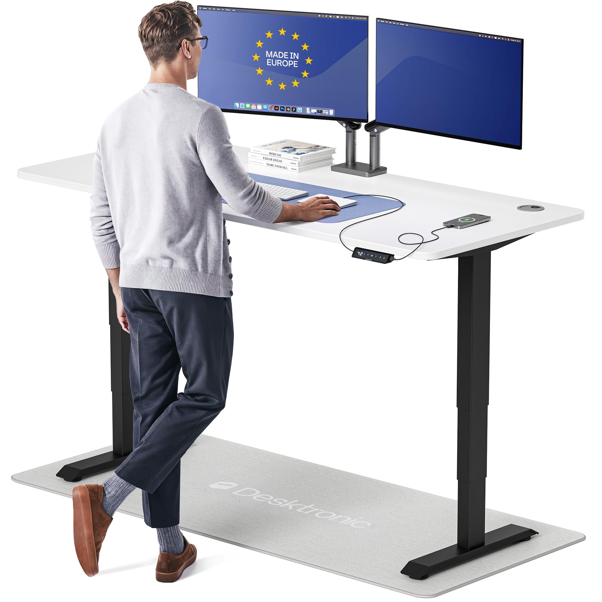 HomePro Standing Desk 70x30 — Made in Europe, Ergonomic Sit Stand Home Office Desk, Electric Height Adjustable, Dual Motor, USB & USB-C Charging, Wobble-Free, Touchscreen, 3 Memory Presets