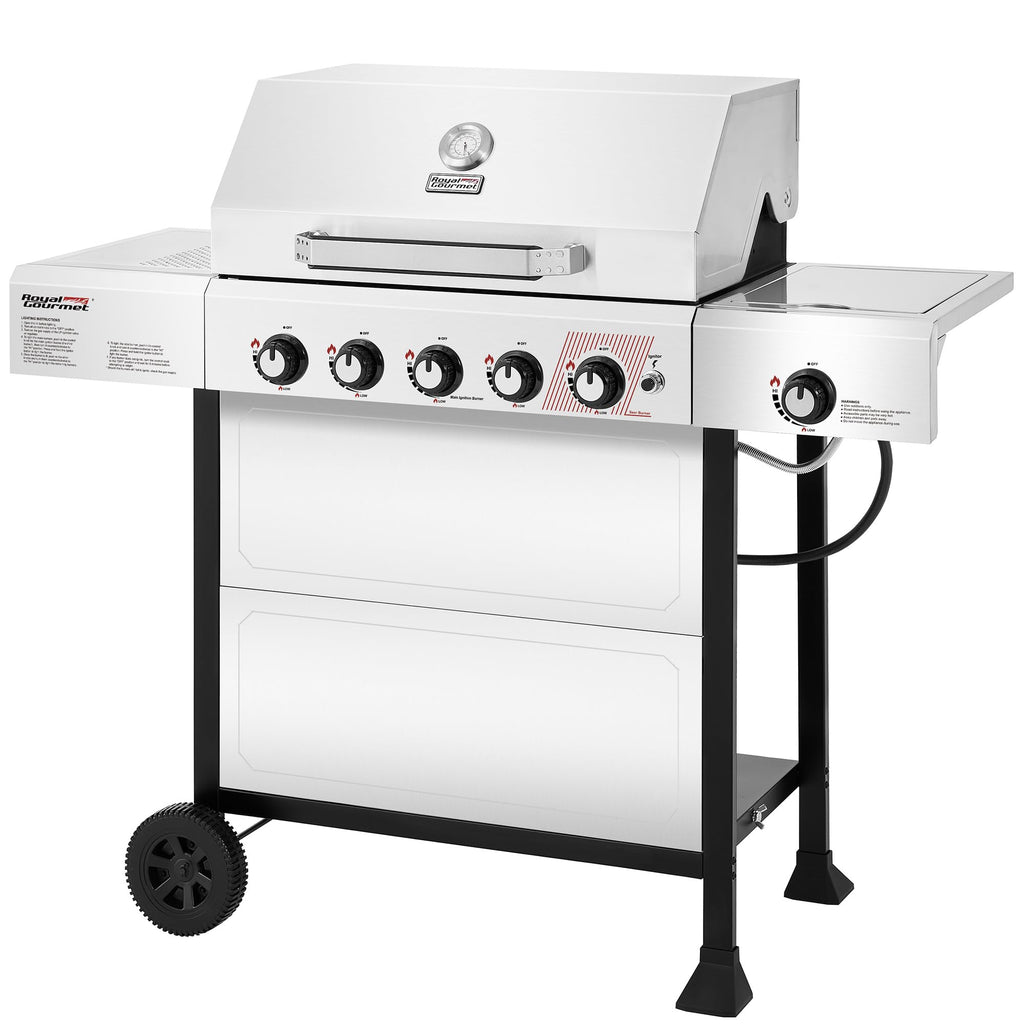 5-Burner BBQ Liquid Propane Gas Grill with Side Burner, Stainless Steel 61,000 BTU Output for Patio Garden Picnic Backyard Cooking, Silver