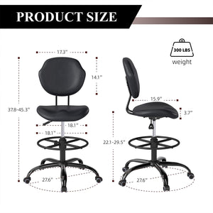 Drafting Chair with Back Support, Tall/High Desk Rolling Stool with Footrest Ring, Faux Leather Office Chair with Height Adjustable for Standing Desk, Home Office, Bar, Workbench & Kitchen(Black)
