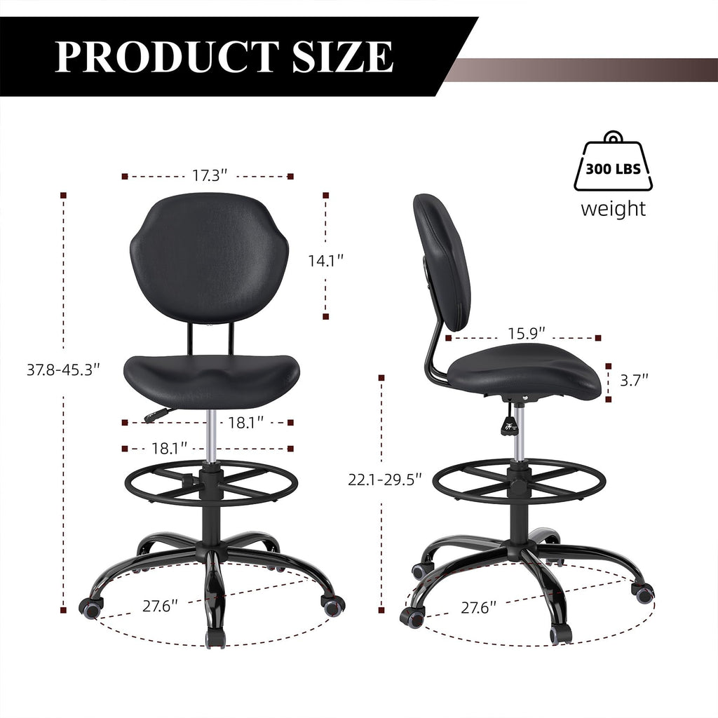 (Black, 8 Pack) Drafting Chair with Back Support, Tall/High Desk Rolling Stool, Faux Leather Office Chair with Height Adjustable for Standing Desk, Home Office, Bar, Workbench & Kitchen