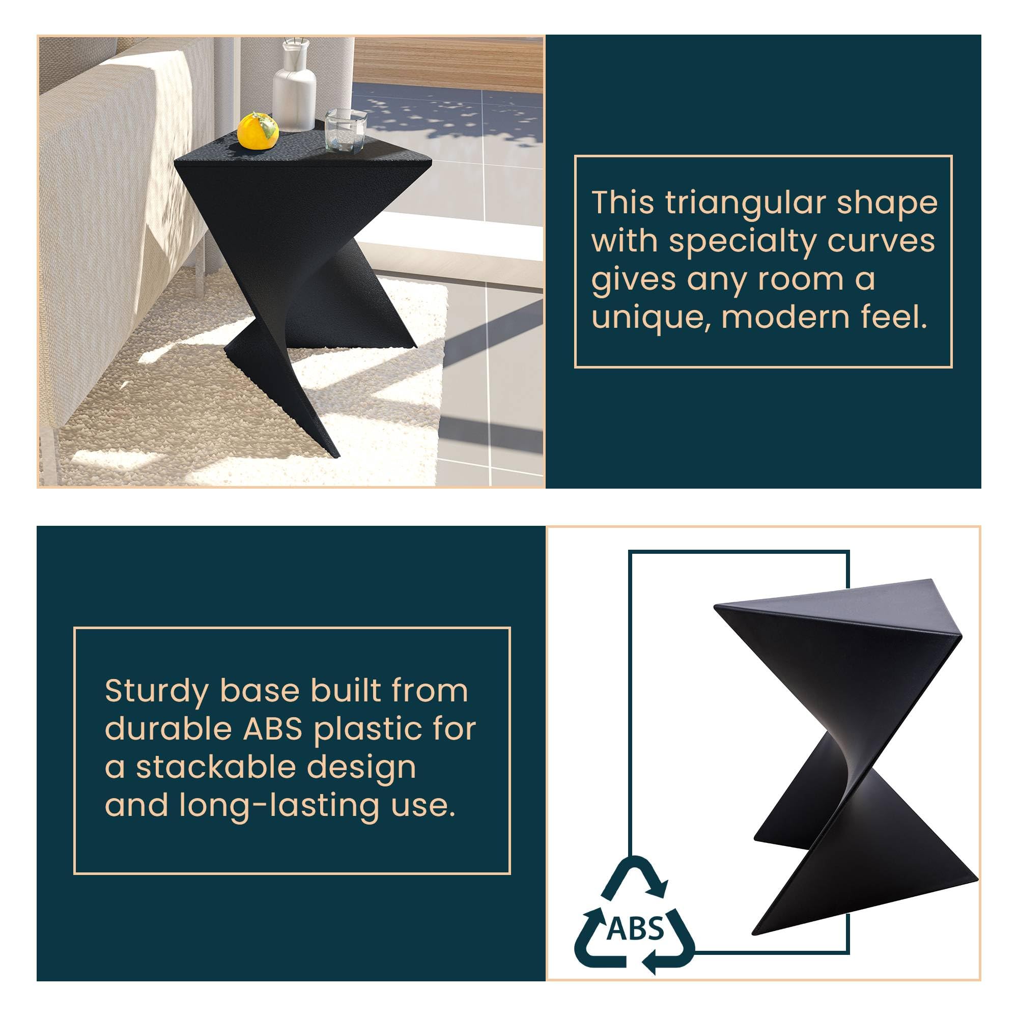 15.75" Triangular Side Table, Stackable Plastic Accent End Table for Indoor & Outdoor Use, Weather-Resistant Modern Patio & Living Room Table, Black