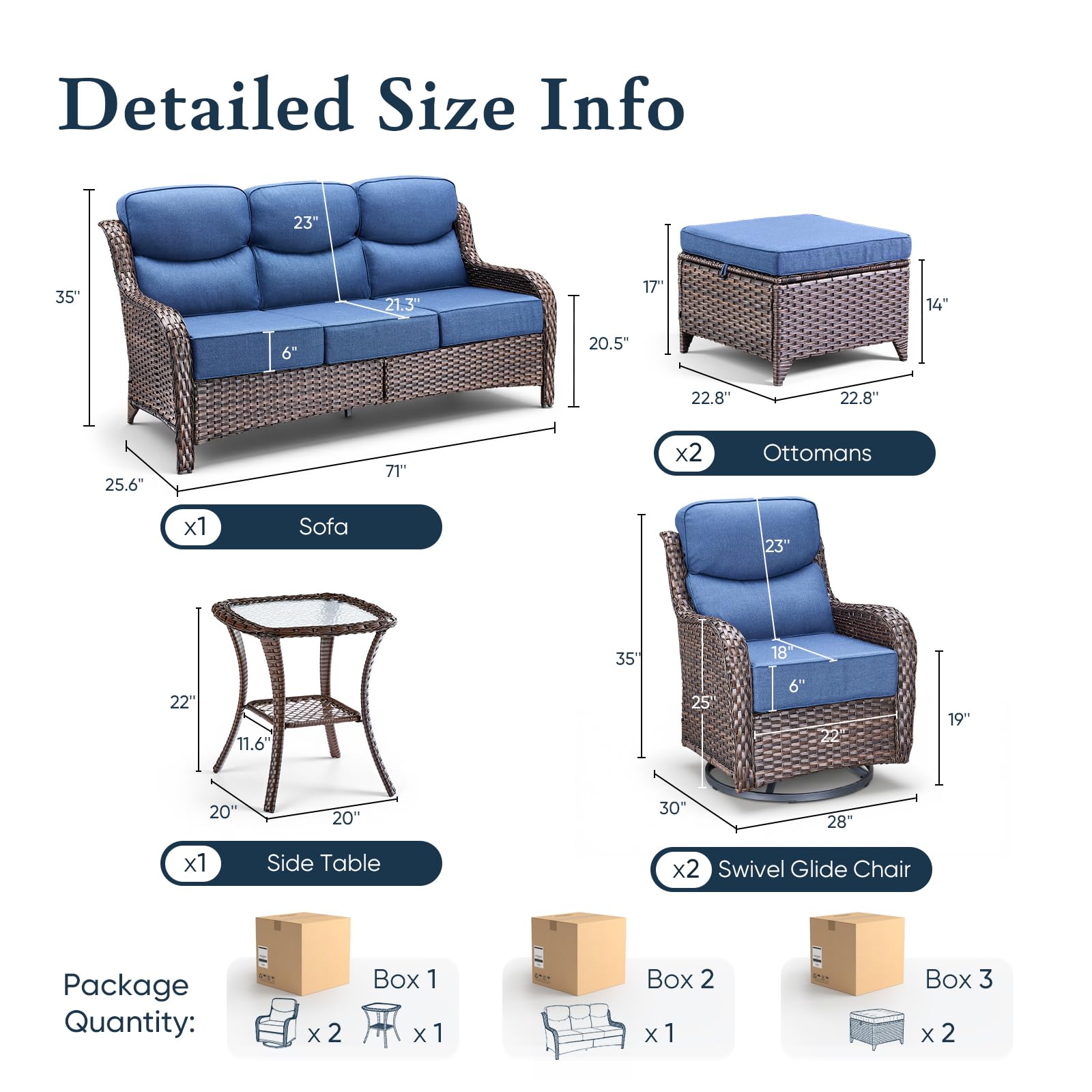 Luxury 6" Thick Cushioned 6 Pieces Patio Furniture Set with Outdoor Couch, Wicker Outdoor Conversation Set with High Back Swivel Rocker Chairs for Deck Porch Yard and Poolside - Brown+Blue