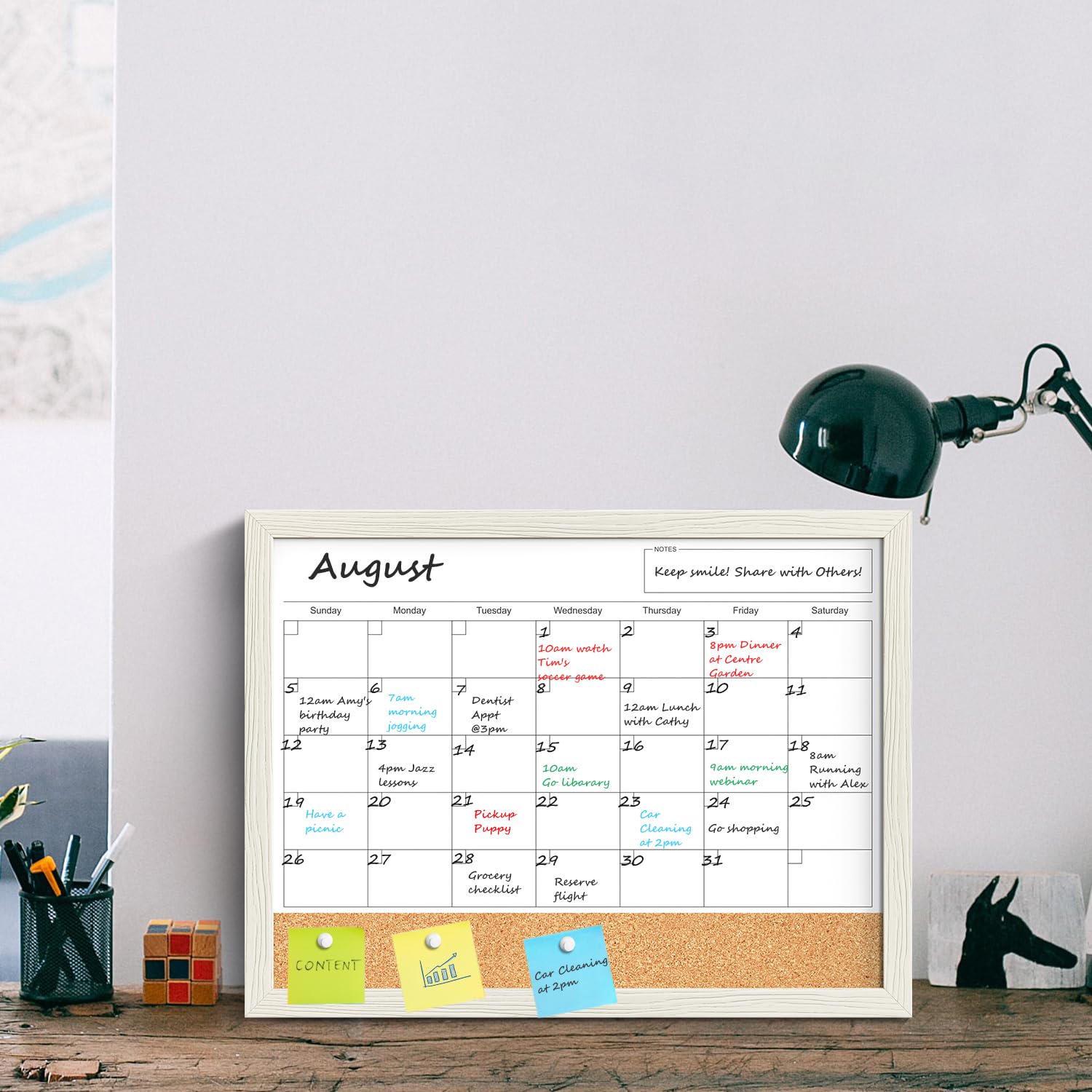 Calendar Whiteboard for Wall, 17x13 Inches Whiteboard Calendar Cork Board Combo, Small Magnetic White Board with Wood Framed, Hanging Dry Erase Board for Kitchen Home Office School Planner