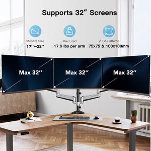 Gaming Triple Monitor Stand, Full Motion Articulating Triple Monitor Mount Fit 17 to 32 inch Flat/Curved LCD Computer Screens with Clamp, Grommet Kit, Silver