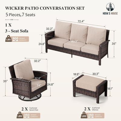 Patio Furniture Set with Swivel Chairs, High Back Outdoor Wicker Furniture with 5.5