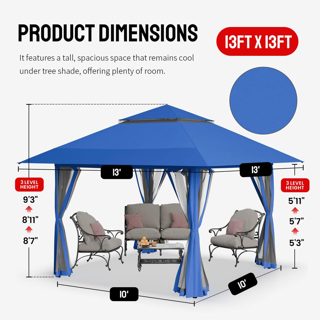 13x13 Pop Up Gazebo, Canopy Tent, Gazebos on Clearance - Outdoor Gazebo for Backyard & Patio Furniture - Carpa Pop Up Tent with Wheeled STO-N-Go Cover Bag (Blue)