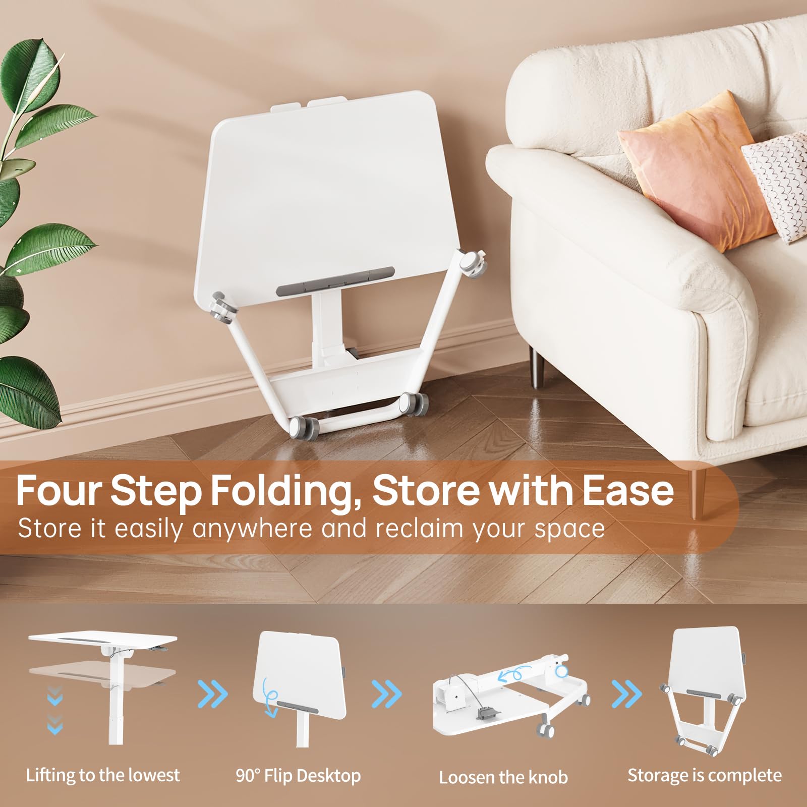 Foldable Mobile Standing Desk, 90 Tiltable Rolling Standing Desk, Height Adjustable Portable Laptop Workstation for Home Office, Easy to Fold, White