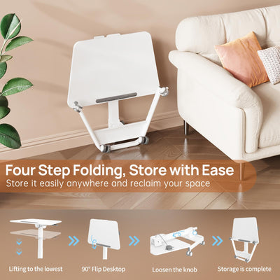 Foldable Mobile Standing Desk, 90 Tiltable Rolling Standing Desk, Height Adjustable Portable Laptop Workstation for Home Office, Easy to Fold, White
