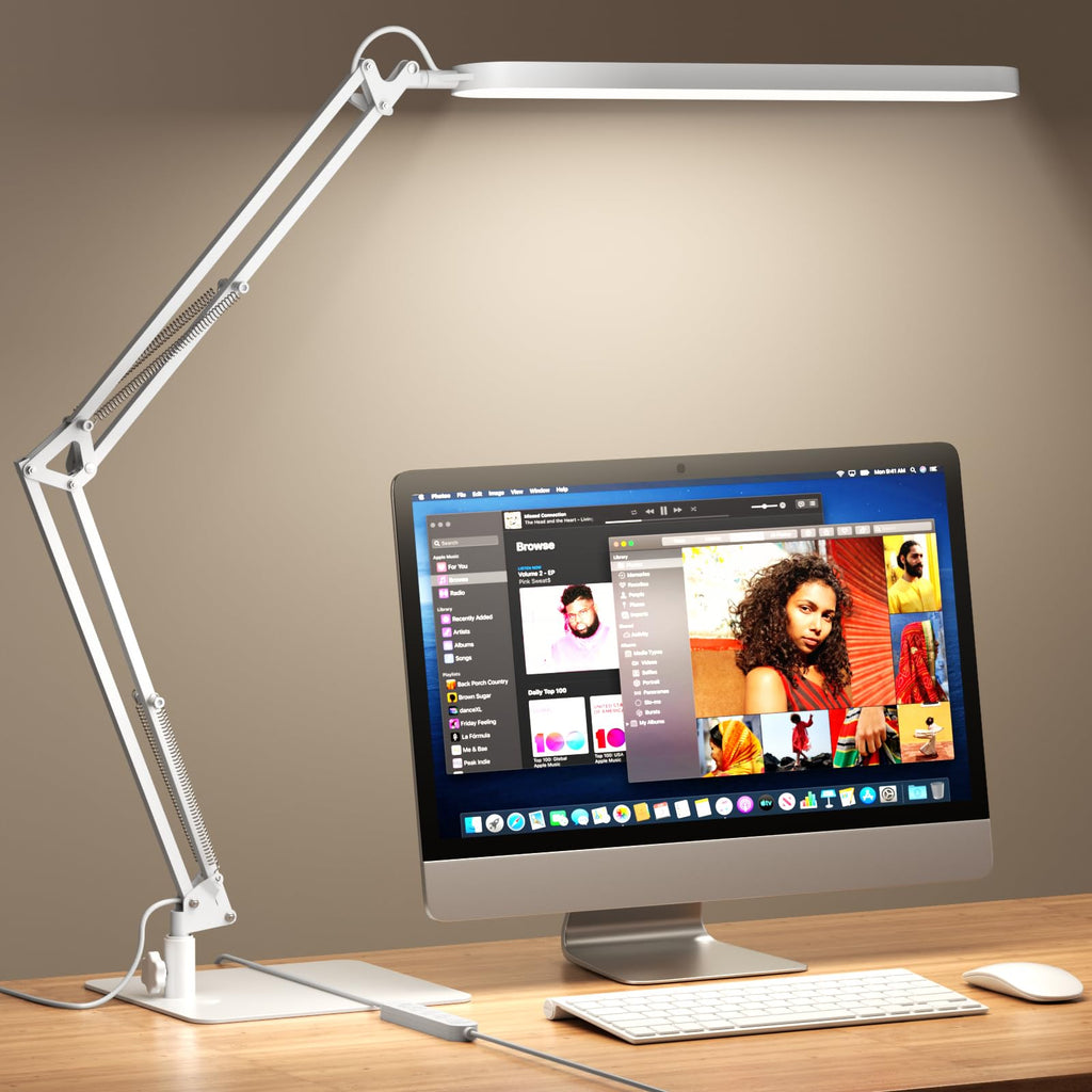 LED Desk Lamp with Slim Base - Adjustable Swing Arm Desk Light, Dimmable, Timer, Eye Protection, Memory Function, 1300LM, 12W, White