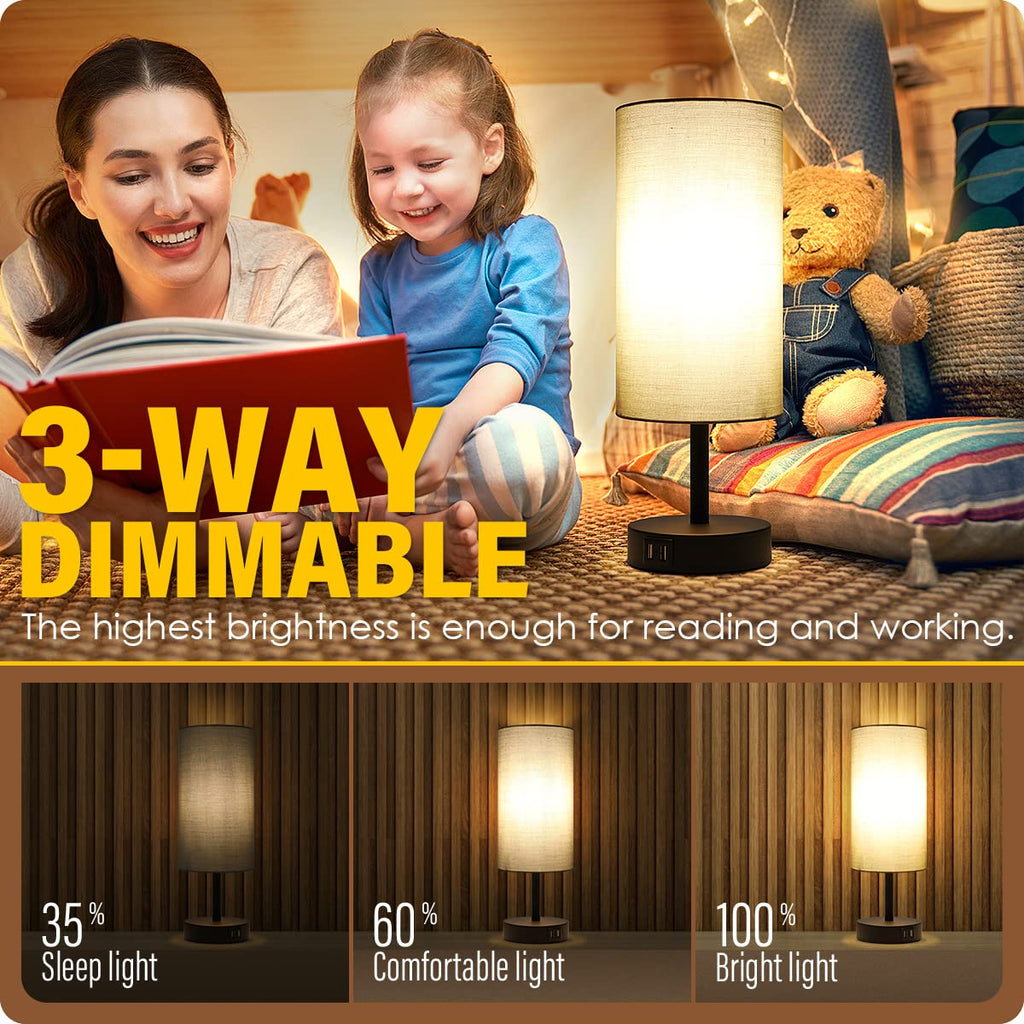 Desk Lamp with USB Port - Touch Control Table Lamp for Bedroom 3 Way Dimmable Nightstand Lamp with Round Grey Fabric Shade for Living Room, Dorm, Home Office (LED Bulb Included)