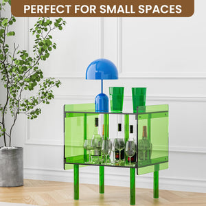 Acrylic Side End Table Record Player Stand with Vinyl Storage – Modern Turntable Table with Record Holder, Clear Side Table for Living Room, Bedroom, Small Spaces – Green, 18.7