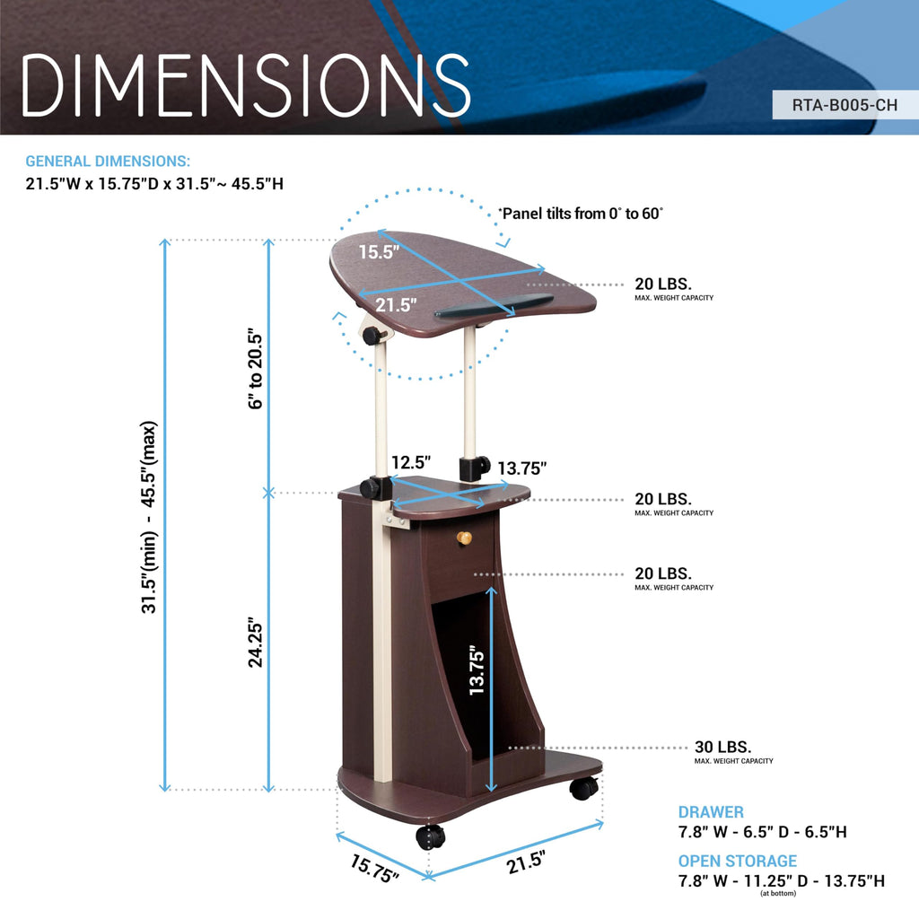 Sit-to-Stand Rolling Adjustable Storage Medical Laptop Computer Cart, Chocolate, B005