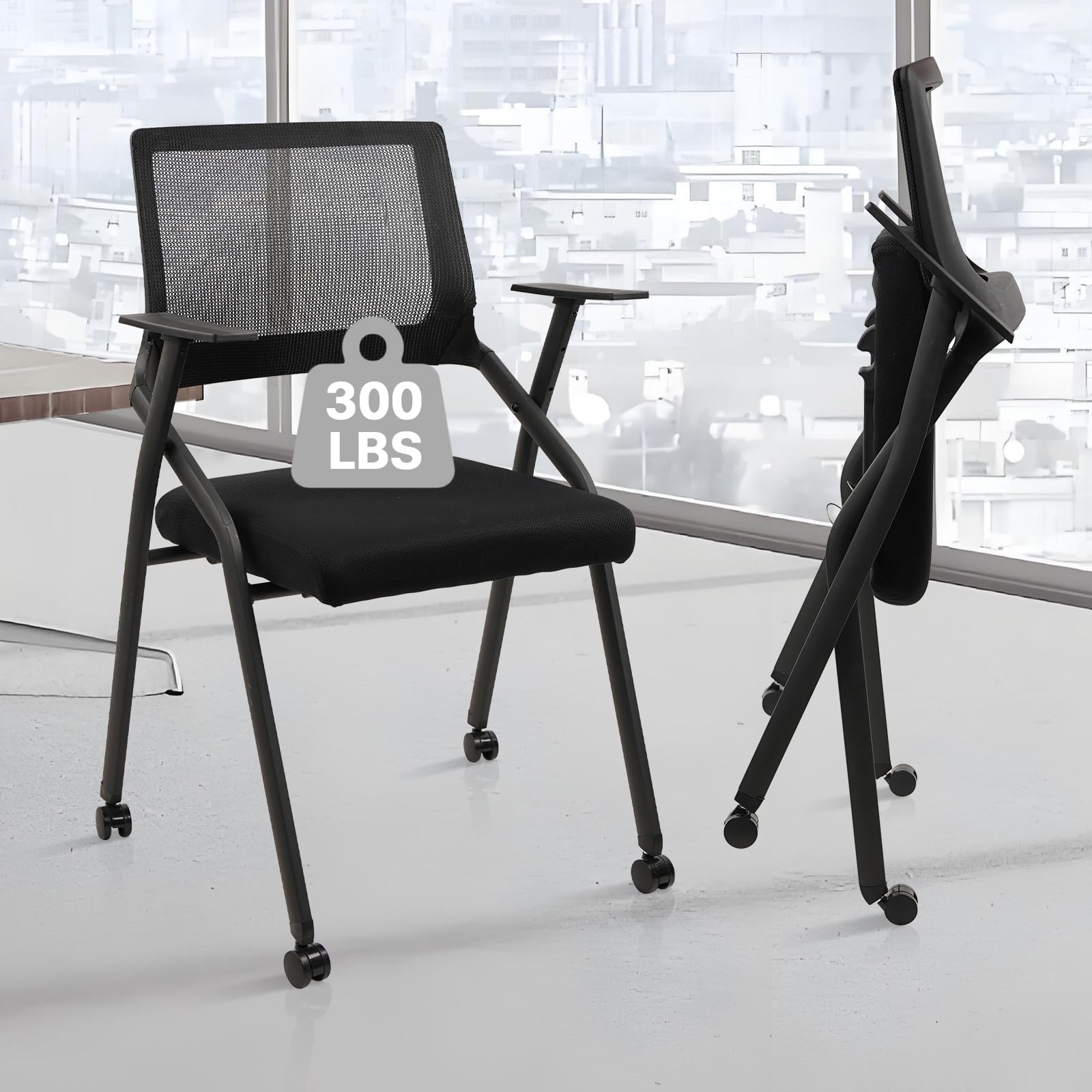 Black (2pk), Stackable Foldable Conference Room Chairs with Wheels, Portable Padded Office Desk Chair with Lumbar Support and Armrest for Training Room, Guest, Reception, Event