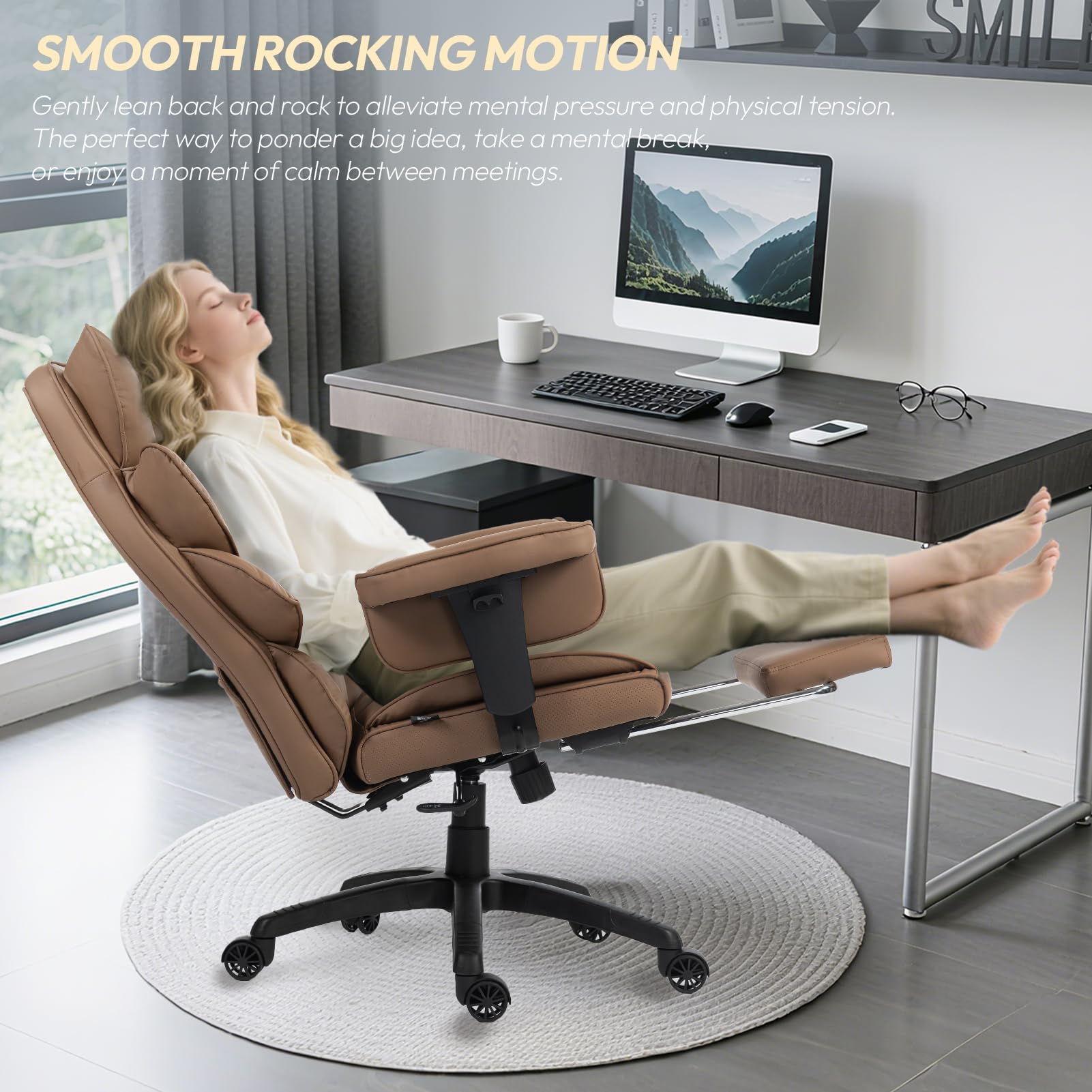 Big and Tall Office Chair with Pocket Spring Cushion,High Back Computer Gaming Chairs with Adjustable Armrests,Executive Desk Chairs with Lumbar Support and Footrest,PU Leather-Brown