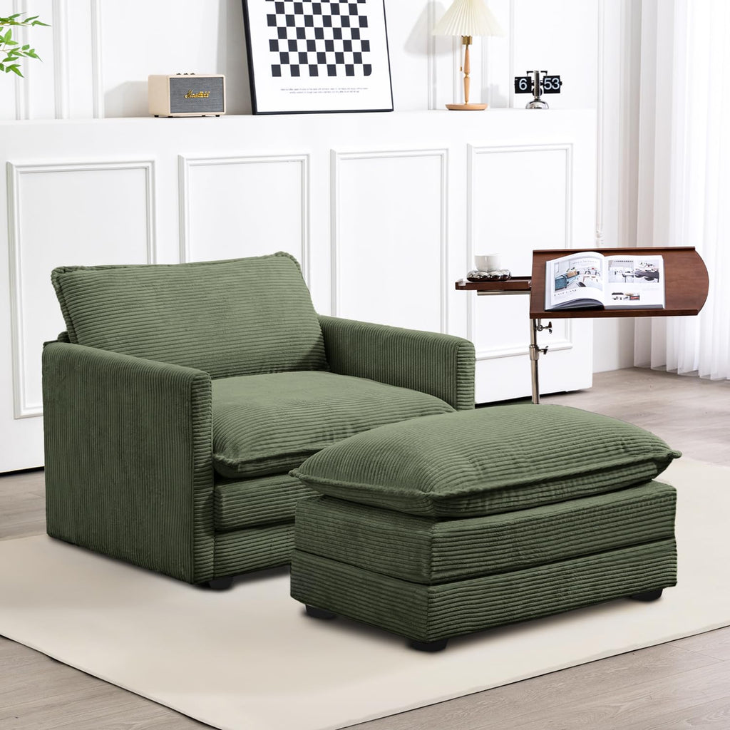 Single Armchair with Ottoman, Modern Corduroy Cloud Couch with Convertible Chaise, Upholstered Sofa Set for Living Room, Green