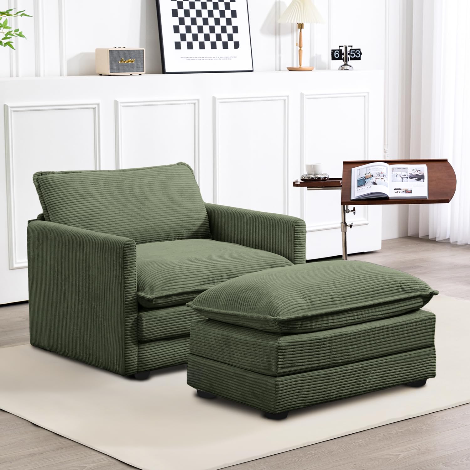 Single Armchair with Ottoman, Modern Corduroy Cloud Couch with Convertible Chaise, Upholstered Sofa Set for Living Room, Green