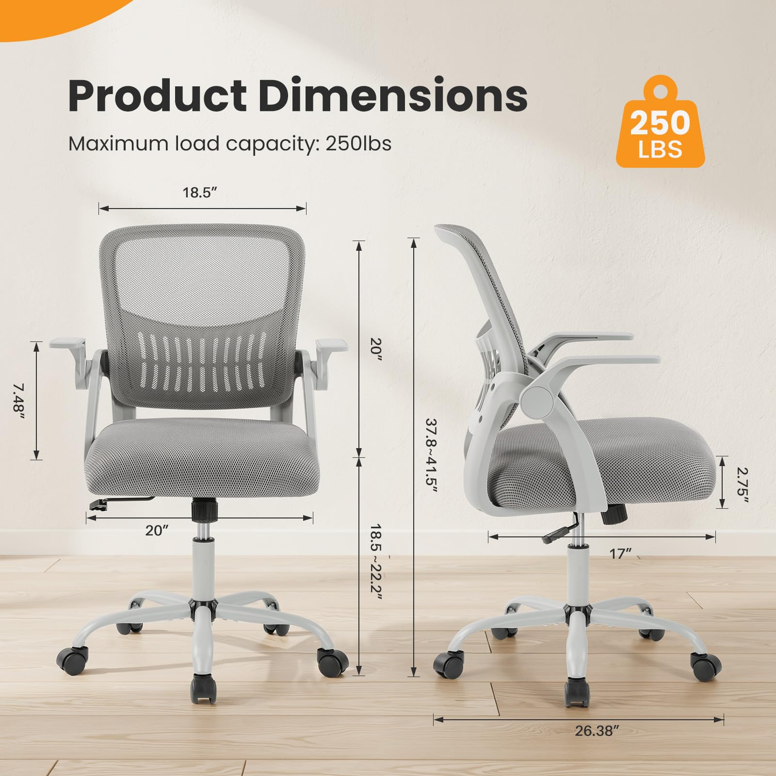 Home Office Managerial Executive Chair, Flip Up Armrest Ergonomic Mesh Adjustable Swivel Mid-Back Computer Desk Chair with Comfortable Lumbar Support, Comfy Arms for Bedroom,Study