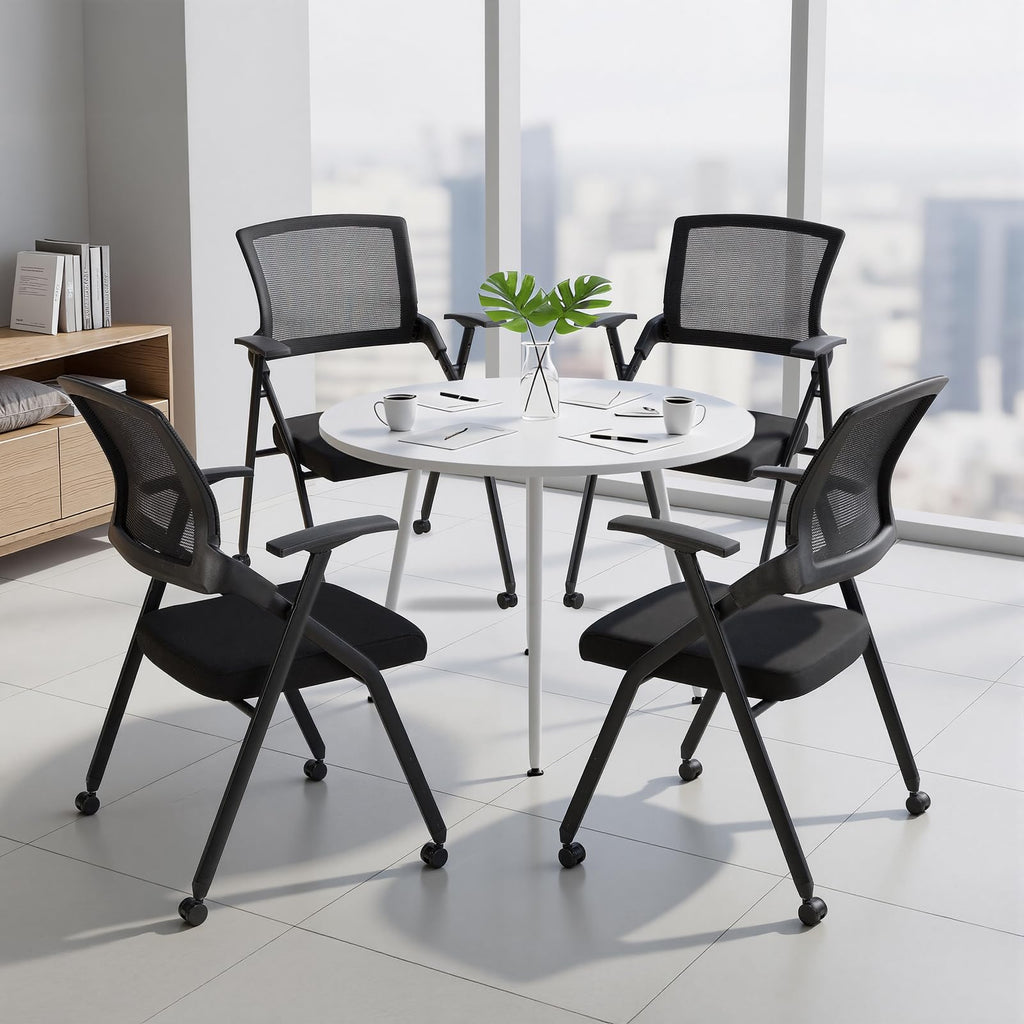 2PCS Ergonomic Foldable Office Chair with Breathable Mesh Back, Stackable Conference Chair - PU Wheels & Armrest for Guest, Meeting, Reception, Black,