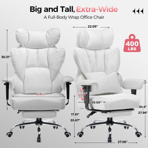 Big and Tall Gaming Chair 400lbs Heavy Duty Office Chair with Foot Rest & Ergonomic Pocket Spring Lumbar Support, High Back Executive Computer Desk Chair for Lower Back Pain Relief, White