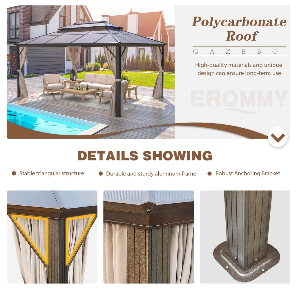 12'x16' Gazebo Polycarbonate Double Roof Pavilion Gazebo Outdoor Aluminum Frame Canopy with Netting and Curtains for Garden Patio Lawns Parties