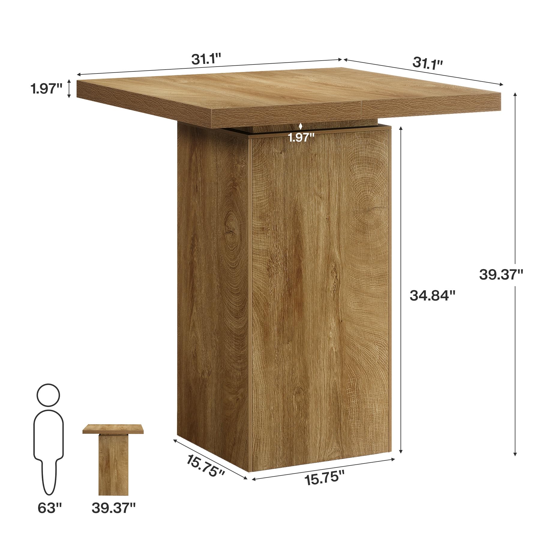 Square Bar Table, 39.4" H Industrial High Top Bistro Pub Cocktail Table, Small Counter Height Dining Table for Kitchen Nook, Home Bar, Coffee Corner, Natural Oak