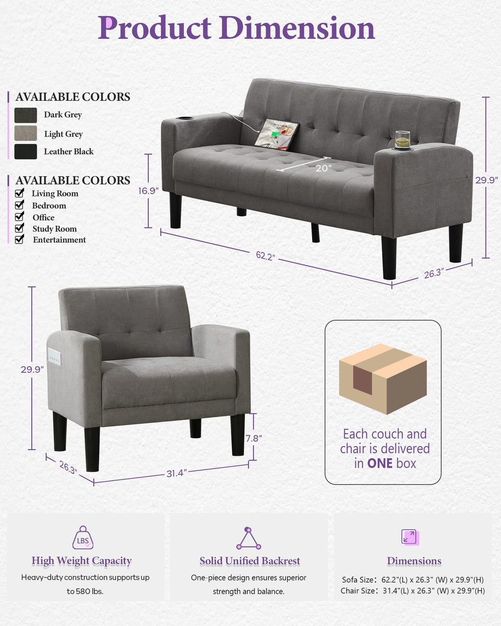 Sofa Couch, Living Room Furniture Sectional Sofa Sets 2 Pic, Tufted Mid-Century Loveseat w/USB, Cupholders & Comfy Single Sofa for Small Space, Apartment, Office (Light Grey)