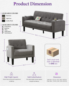 Sofa Couch, Living Room Furniture Sectional Sofa Sets 2 Pic, Tufted Mid-Century Loveseat w/USB, Cupholders & Comfy Single Sofa for Small Space, Apartment, Office (Light Grey)